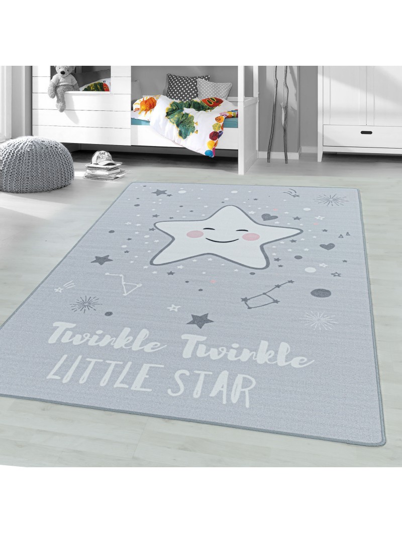 Kurzflor Kinderteppich Spielteppich Kinderzimmer Teppich Motiv Baby Stern Grau