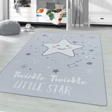 Short-pile children's carpet, play carpet, children's room carpet, motif baby star grey