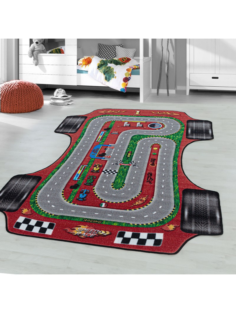 Short-pile children's carpet, play carpet, children's room carpet, race track, car, red