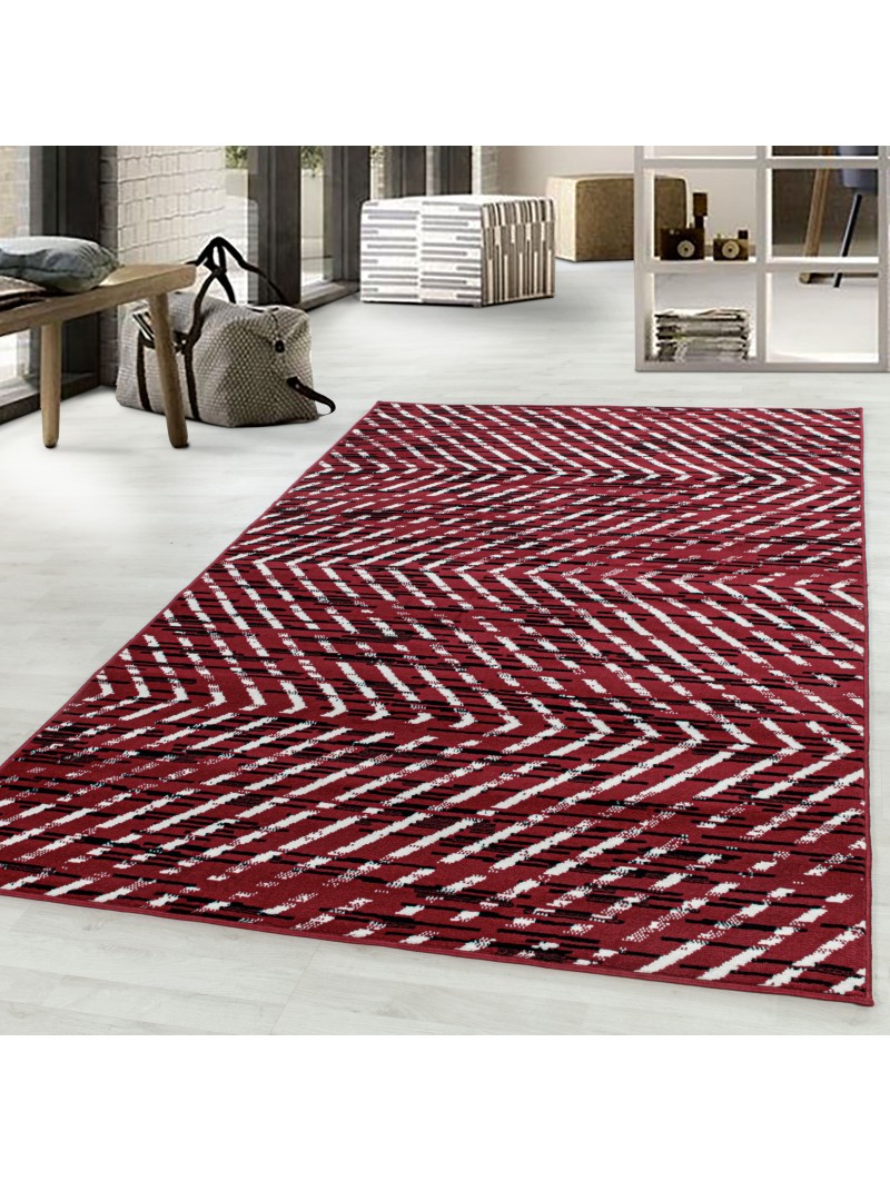 Kurzflor Teppich Wohnzimmerteppich Modernes Struktur Muster Flor Weich Rot