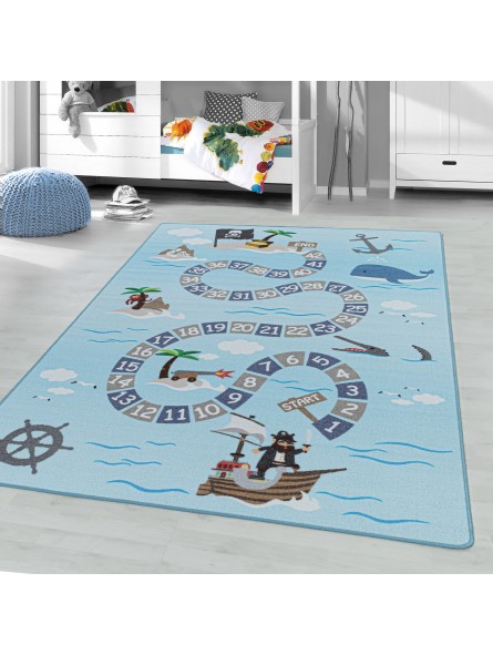Tapis pour enfants à poils ras tapis de jeu tapis de chambre d'enfant pirates marins bleu