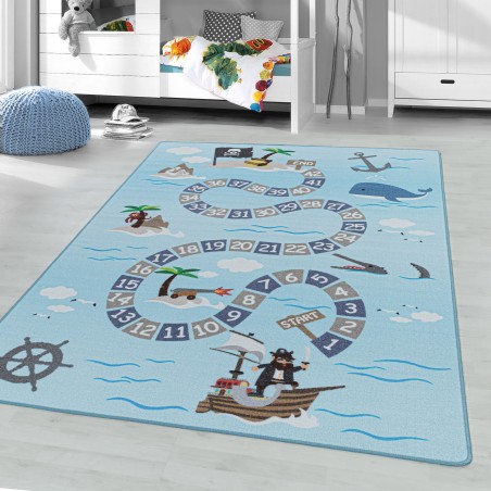 Tapis pour enfants à poils ras tapis de jeu tapis de chambre d'enfant pirates marins bleu