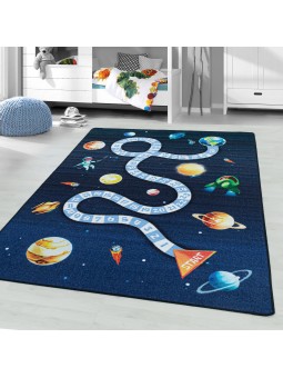 Laagpolig tapijt kindertapijt kinderkamer game space planet rocket blue