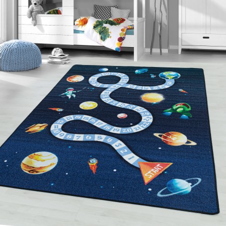Laagpolig tapijt kindertapijt kinderkamer game space planet rocket blue