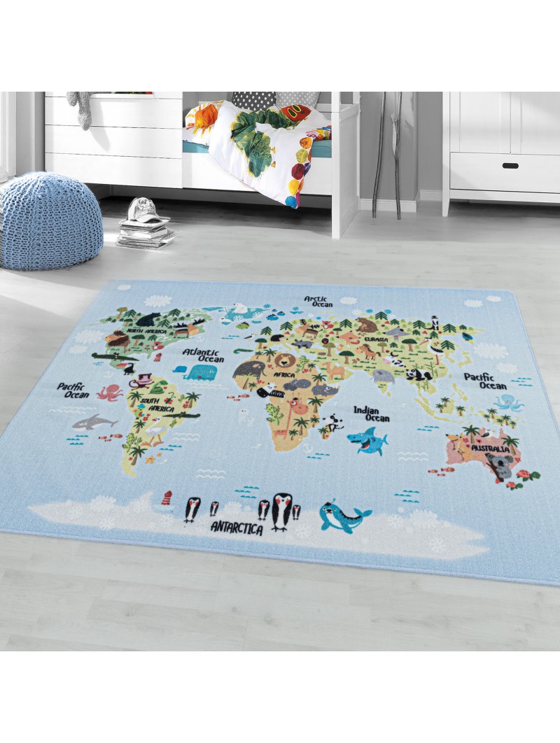 Laagpolig tapijt, kinderkamer, speelkleed, wereldkaart, dieren, wit