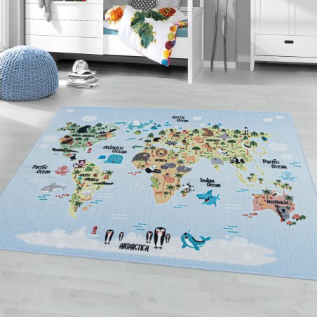 Laagpolig tapijt, kindertapijt, kinderkamer, speelkleed, wereldkaart, dieren, wit