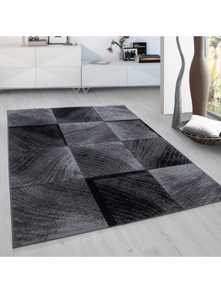 Moderner Designer Wohnzimmer Teppich Karo Muster Schwarz Grau Meliert