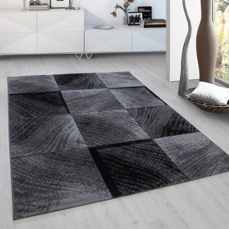 Moderner Designer Wohnzimmer Teppich Karo Muster Schwarz Grau Meliert