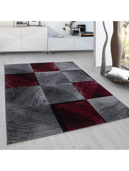 Moderner Designer Wohnzimmer Teppich Karo Muster Schwarz Grau Rot Meliert