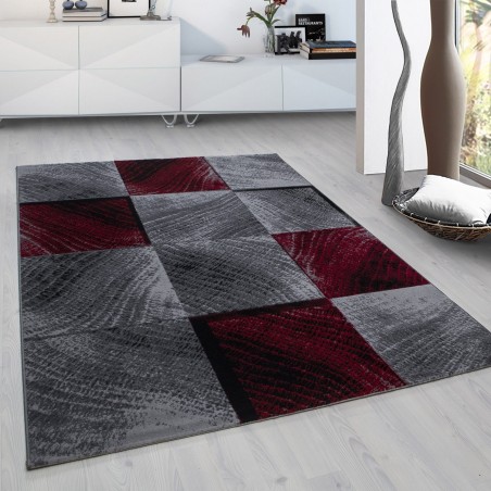 Moderner Designer Wohnzimmer Teppich Karo Muster Schwarz Grau Rot Meliert