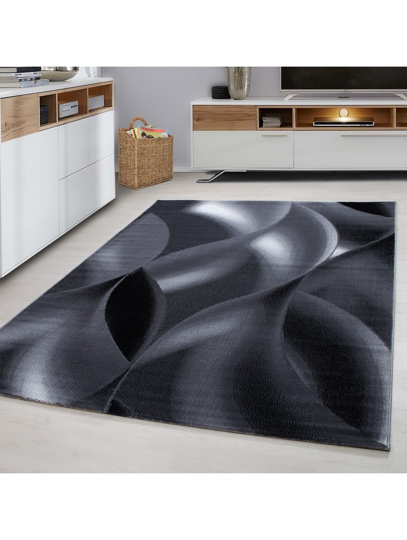 Modern living room rug abstract shadow wave motif designer short pile black grey