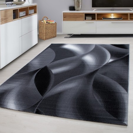 Modern living room rug abstract shadow wave motif designer short pile black grey