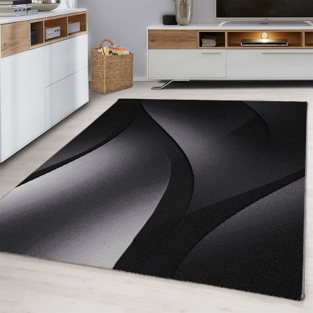 Designer Teppich Modern Kurzflor Abstrakt Wellen Optik Schwarz Grau