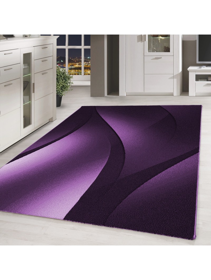 Tapis design moderne à poils courts vagues abstraites optique noir violet blanc