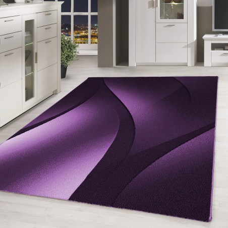 Tapis design moderne à poils courts vagues abstraites optique noir violet blanc