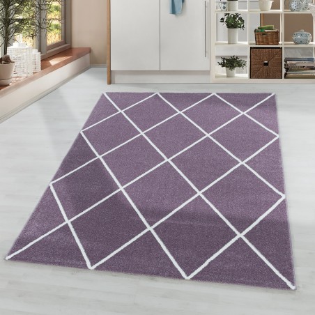 Tapis à poils ras tapis de salon design losange lignes modernes uni violet