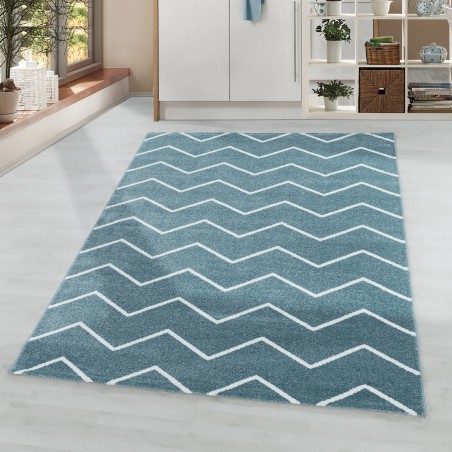 Kurzflor Teppich Wohnzimmerteppich Wellen Linien Design Kinderteppich Blau