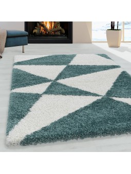 Woonkamer tapijt ontwerp hoogpolig tapijt patroon abstract driehoeken blauw