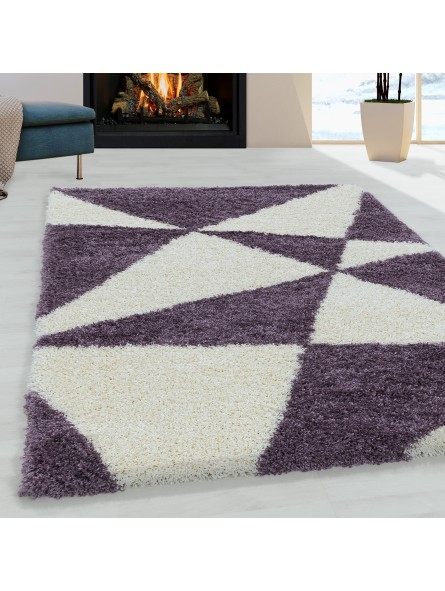 Tapis de salon design tapis à poils longs motif triangles abstraits violet