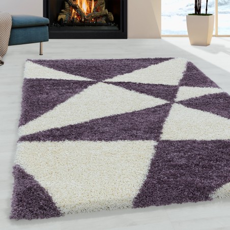 Tapis de salon design tapis à poils longs motif triangles abstraits violet