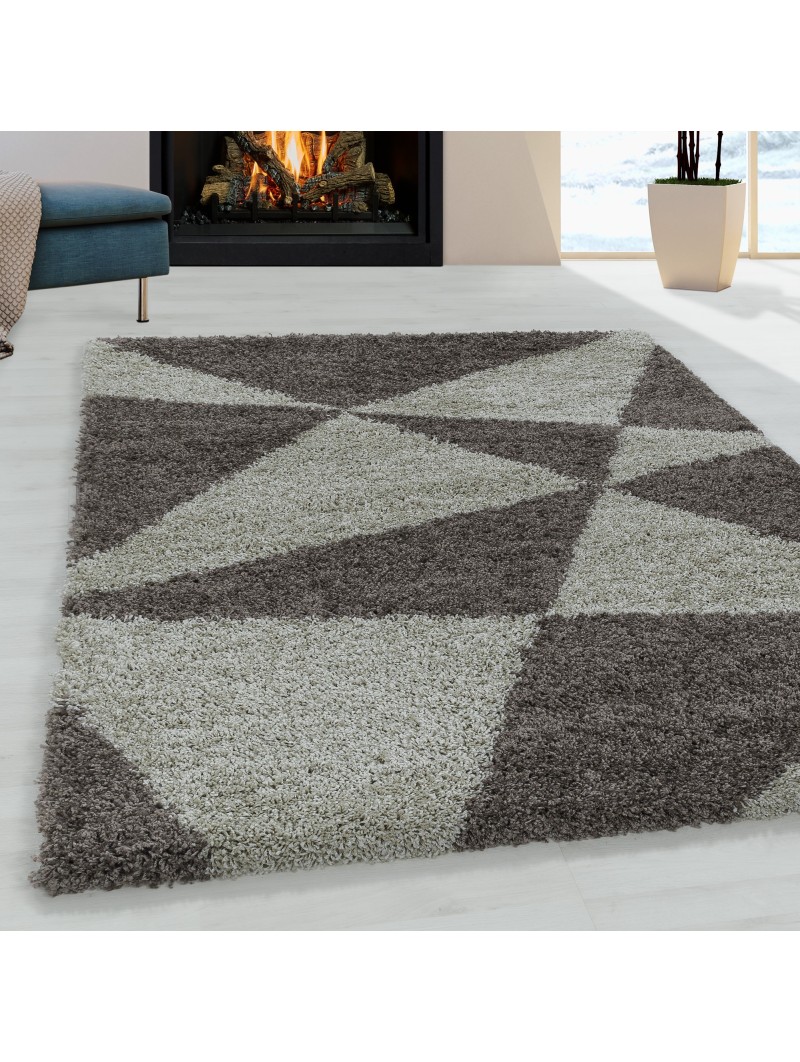 Living room carpet design high pile carpet pattern abstract triangles taupe