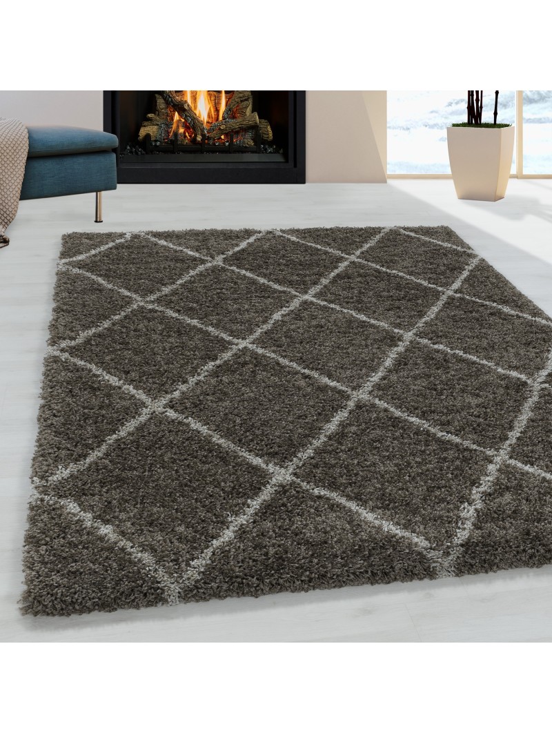 Woonkamer tapijt ontwerp hoogpolig diamant zachte kleur taupe