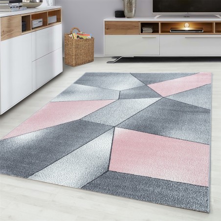 Modern design vloerkleed geometrisch ontwerp laagpolig grijs roze wit