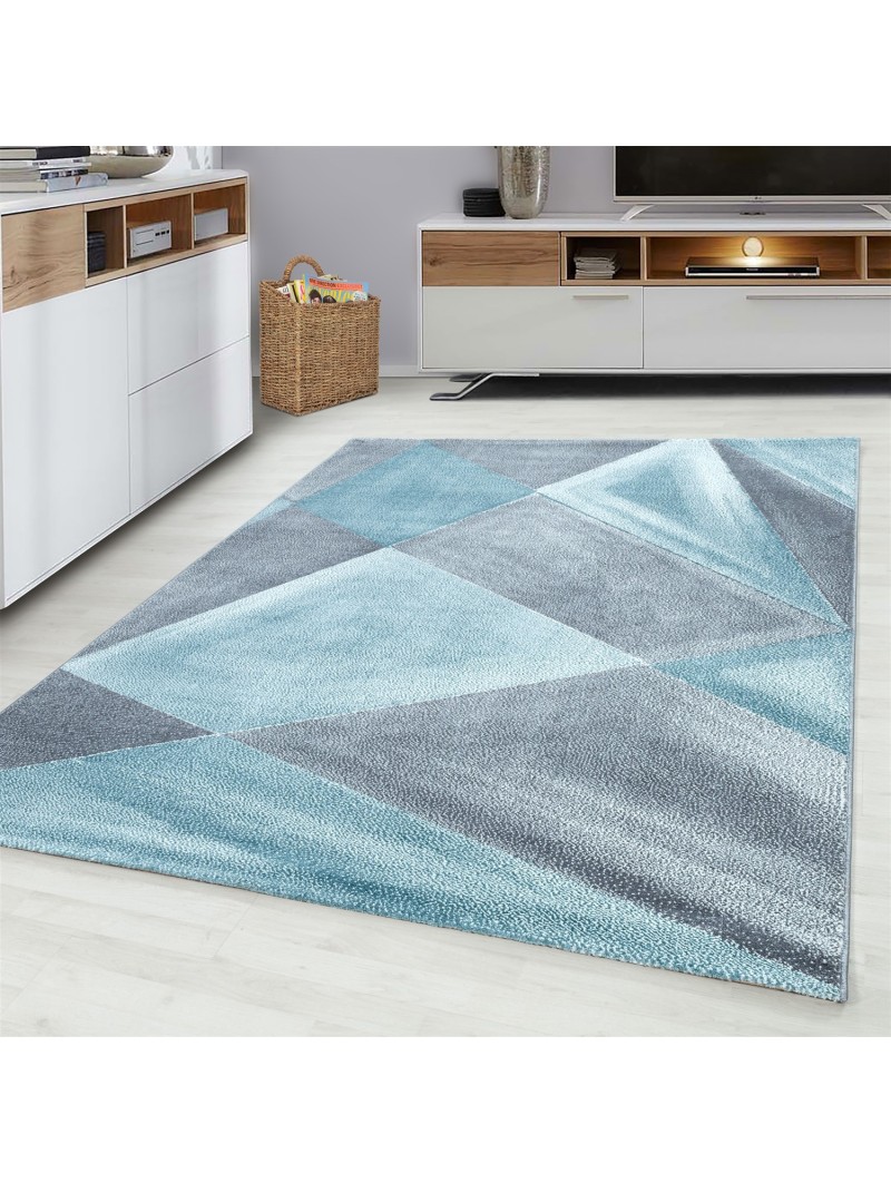 Teppich Modern Designer Geometrische Muster Kurzflor Grau Blau Weiß Meliert