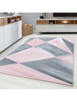 Modern designer geometrisch patroon laagpolig grijs roze wit gevlekt vloerkleed