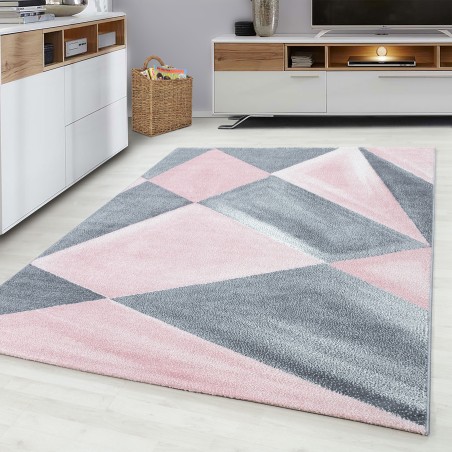 Teppich Modern Designer Geometrische Muster Kurzflor Grau Pink Weiß Meliert