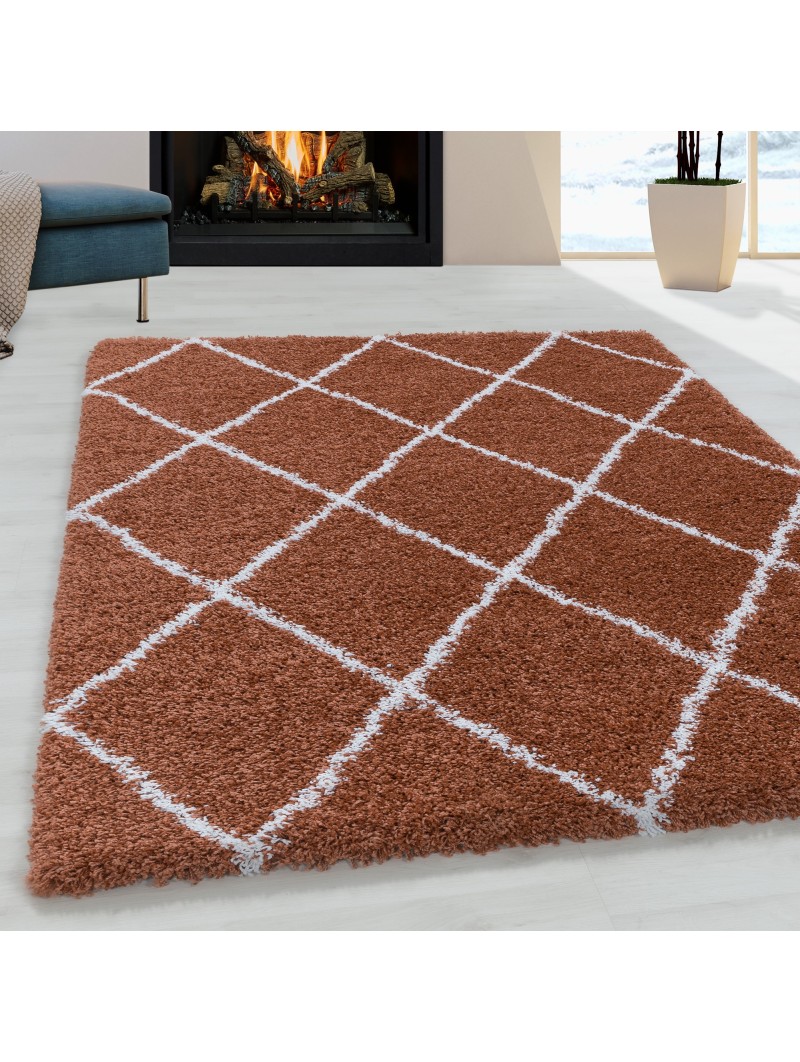 Woonkamer tapijt ontwerp hoogpolig tapijt patroon diamant pool zachte kleur terra