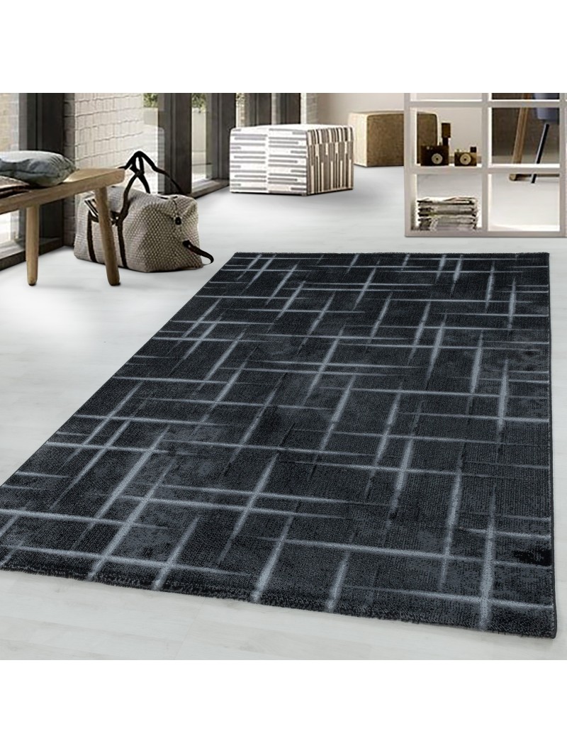 Short pile carpet, living room carpet, grid design pattern, soft pile, black