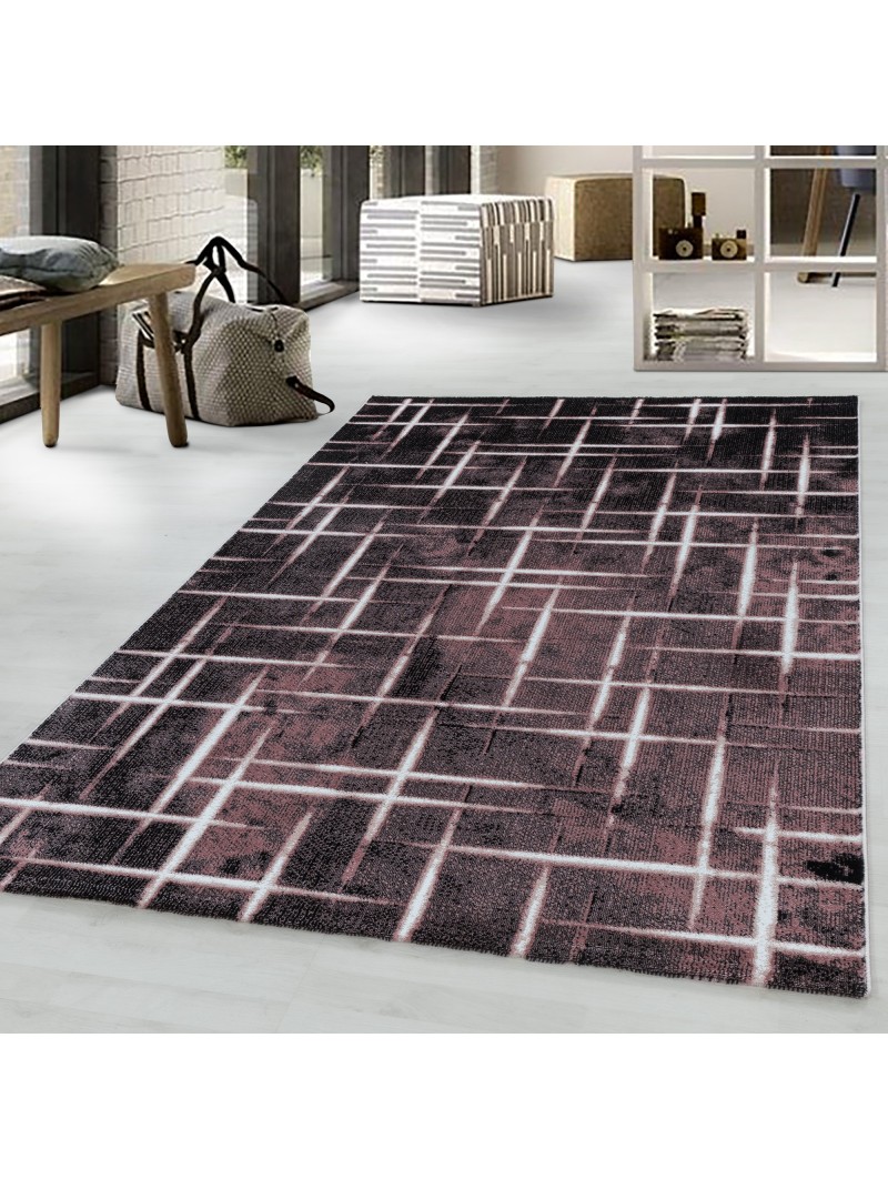 Short pile carpet, living room carpet, grid design pattern, soft pile, pink