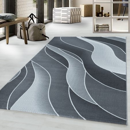Laagpolig tapijt, woonkamertapijt, 3D dessin, golven, zachtpolig, grijs