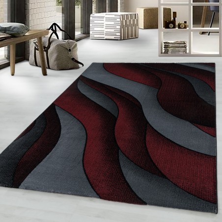 Kurzflor Teppich Wohnzimmerteppich 3-D Design Muster Wellen Soft Flor Rot