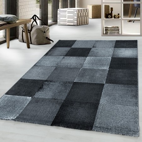 Short pile rug, living room rug, square grid design, black