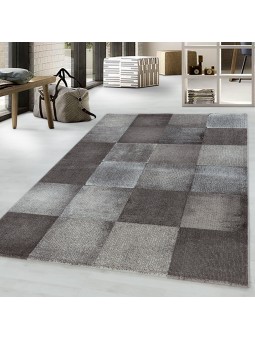 Laagpolig tapijt, woonkamertapijt, vierkant rasterdesign, bruin