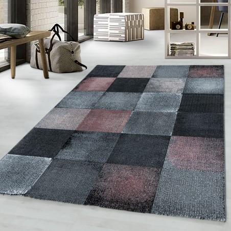 Short pile rug, living room rug, square grid design, pink