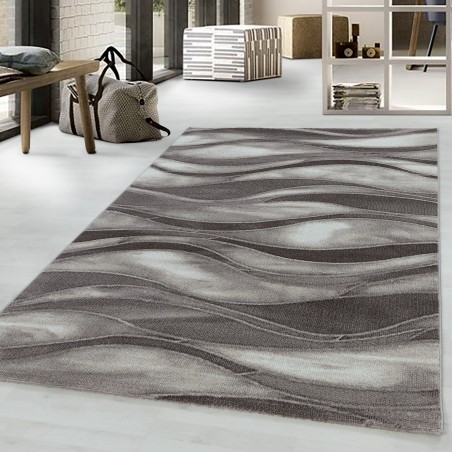Short pile rug, living room rug, abstract waves design, brown
