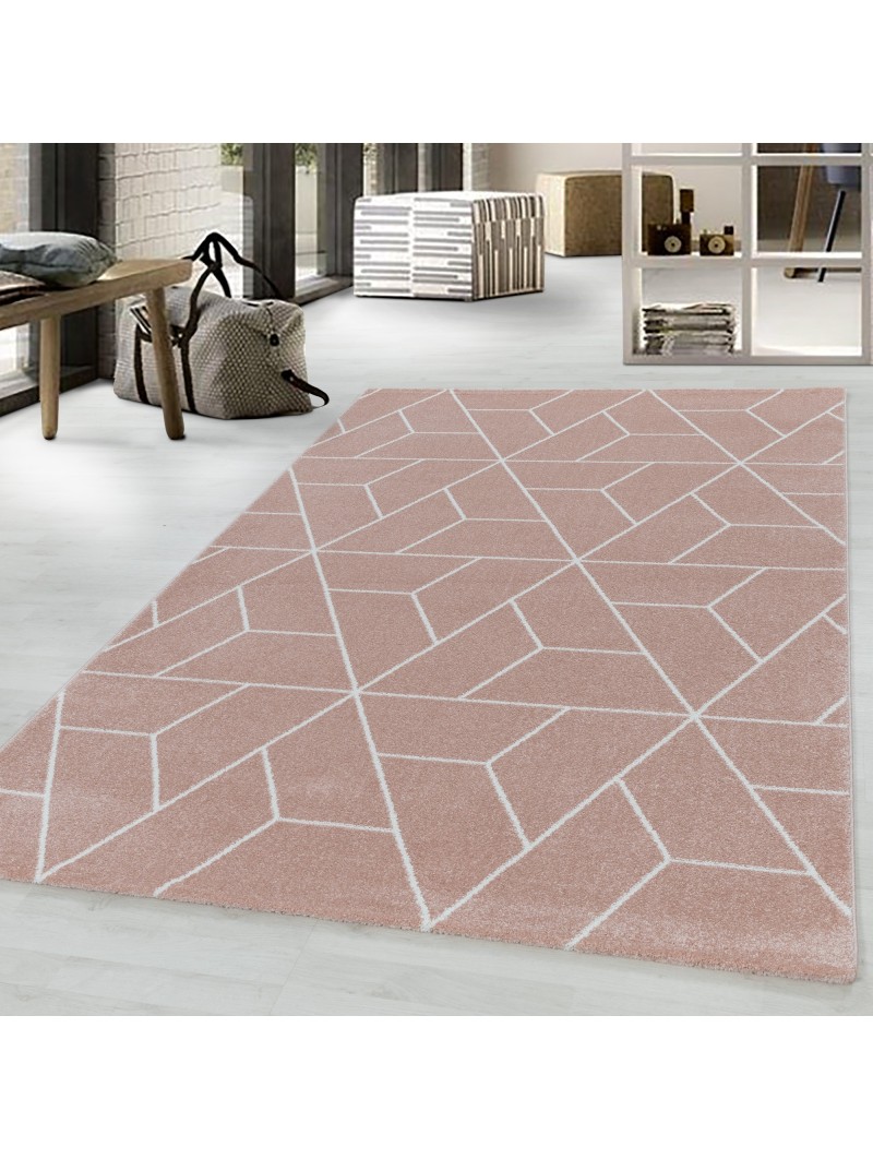 Kurzflor Teppich Wohnzimmerteppich Design Geometrische Linien Rose
