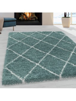 Wohnzimmerteppich Design Hochflor Teppich Muster Raute Flor Weich Farbe Blau