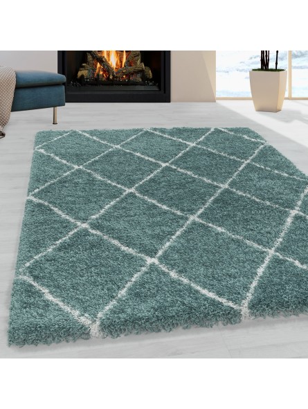 Woonkamer tapijt ontwerp hoogpolig tapijt patroon diamant pool zachte kleur blauw