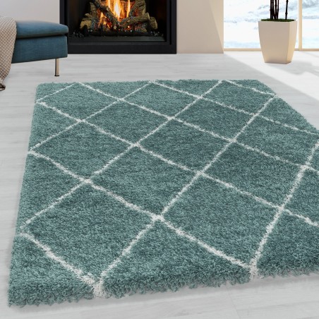 Wohnzimmerteppich Design Hochflor Teppich Muster Raute Flor Weich Farbe Blau