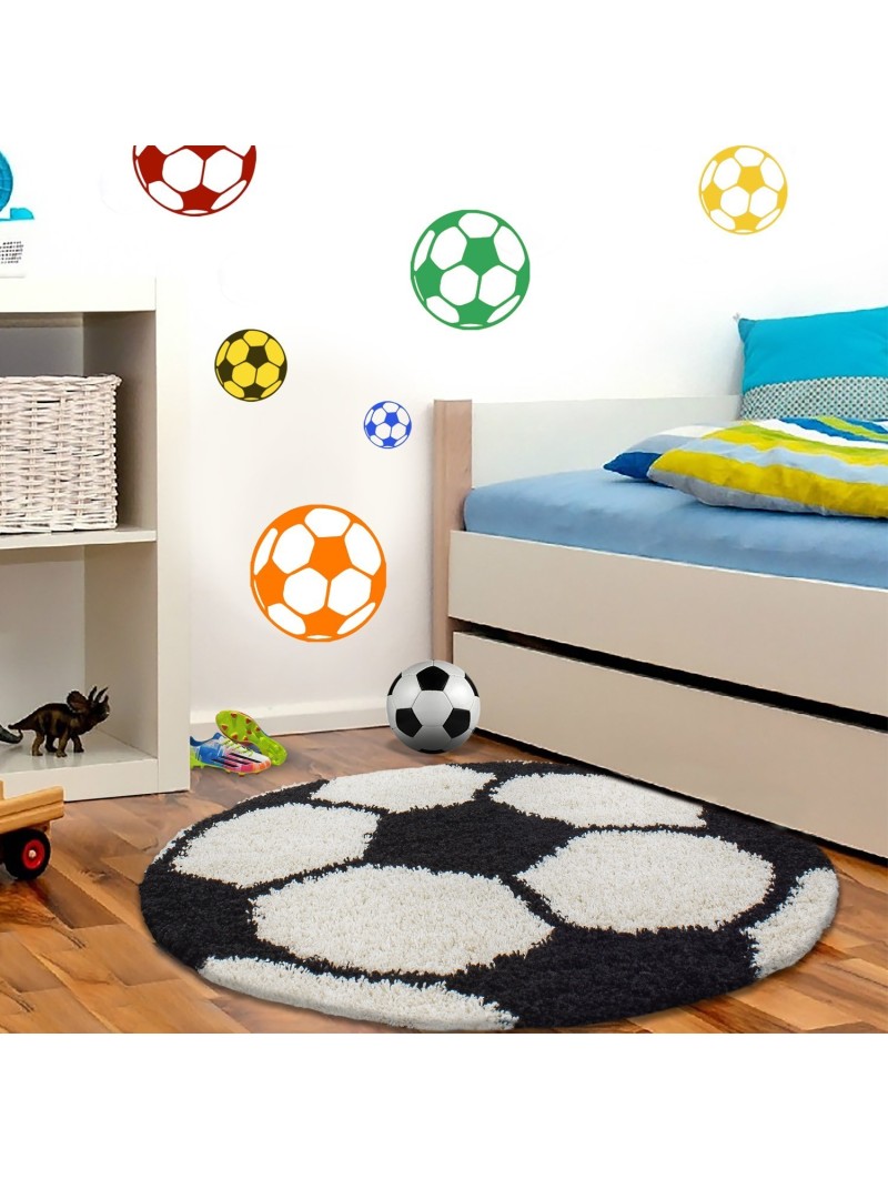 Tapis pour enfants pour chambre d'enfant football forme tapis à poils longs noir et blanc