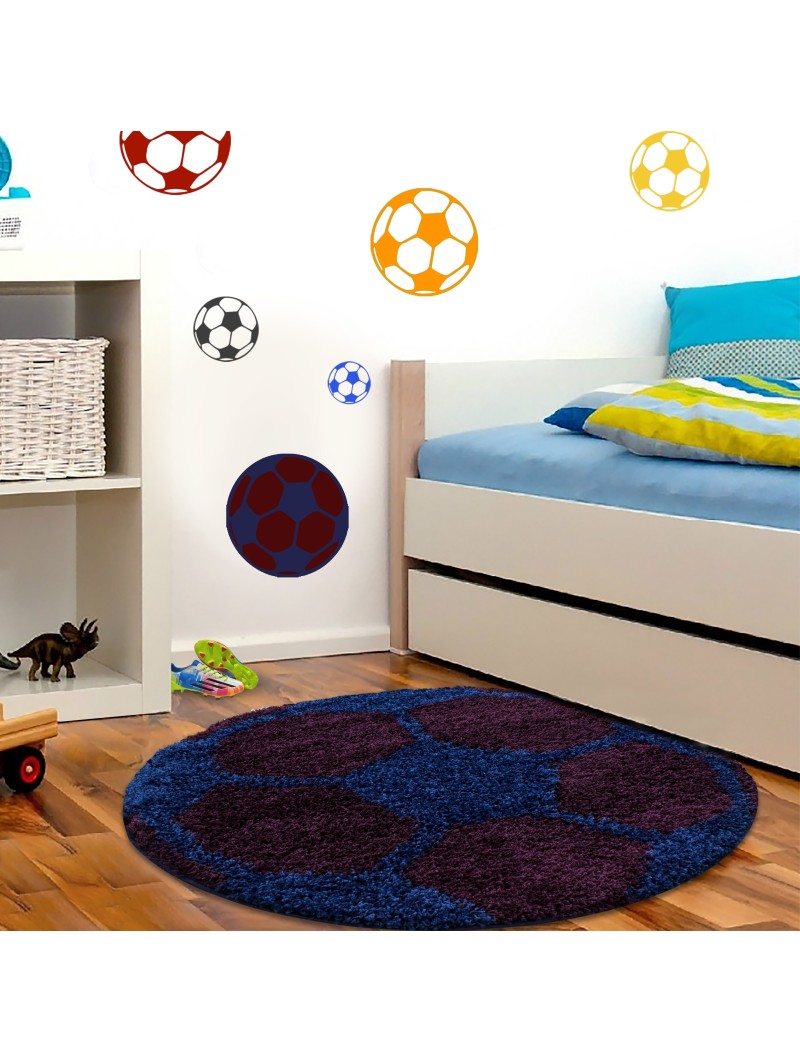 Children's carpet for children's room football shape high-pile carpet Bordeaux-Navy
