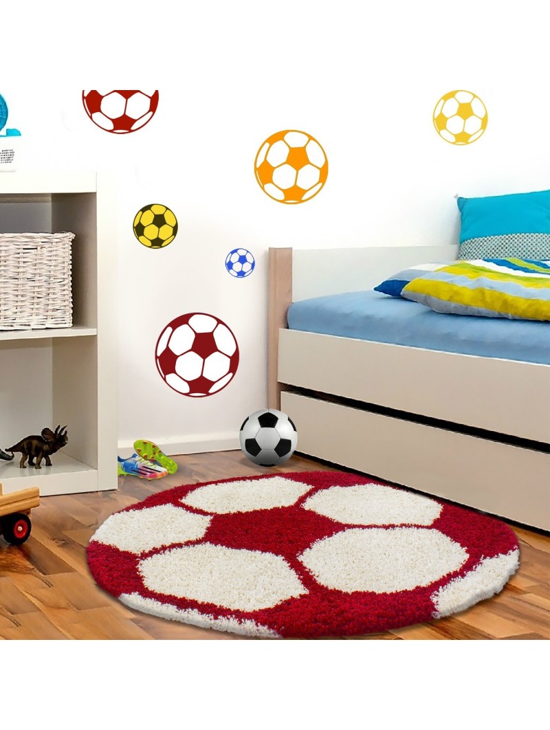 Kindertapijt voor kinderkamer voetbalvorm hoogpolig tapijt rood-wit