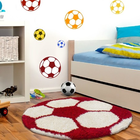 Kinderteppich für Kinderzimmer Fussball form Hochflor Teppich Rot-Weiss