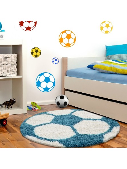 Kinderteppich für Kinderzimmer Fussball form Hochflor Teppich Türkis-Weiss