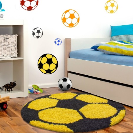 Kindertapijt voor kinderkamer voetbalvorm hoogpolig tapijt geel-zwart