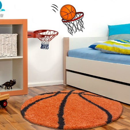 Kinderteppich für Kinderzimmer Basketball form Hochflor Teppich Orange-Schwarz